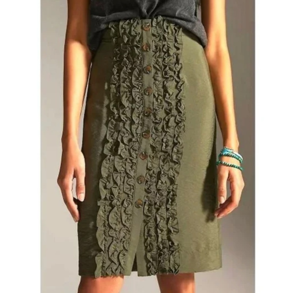 MAEVE BY ANTHROPOLOGIE RUFFLE-FRONT OLIVE GREEN MIDI SKIRT SIZE 16 *RUNS SMALL
